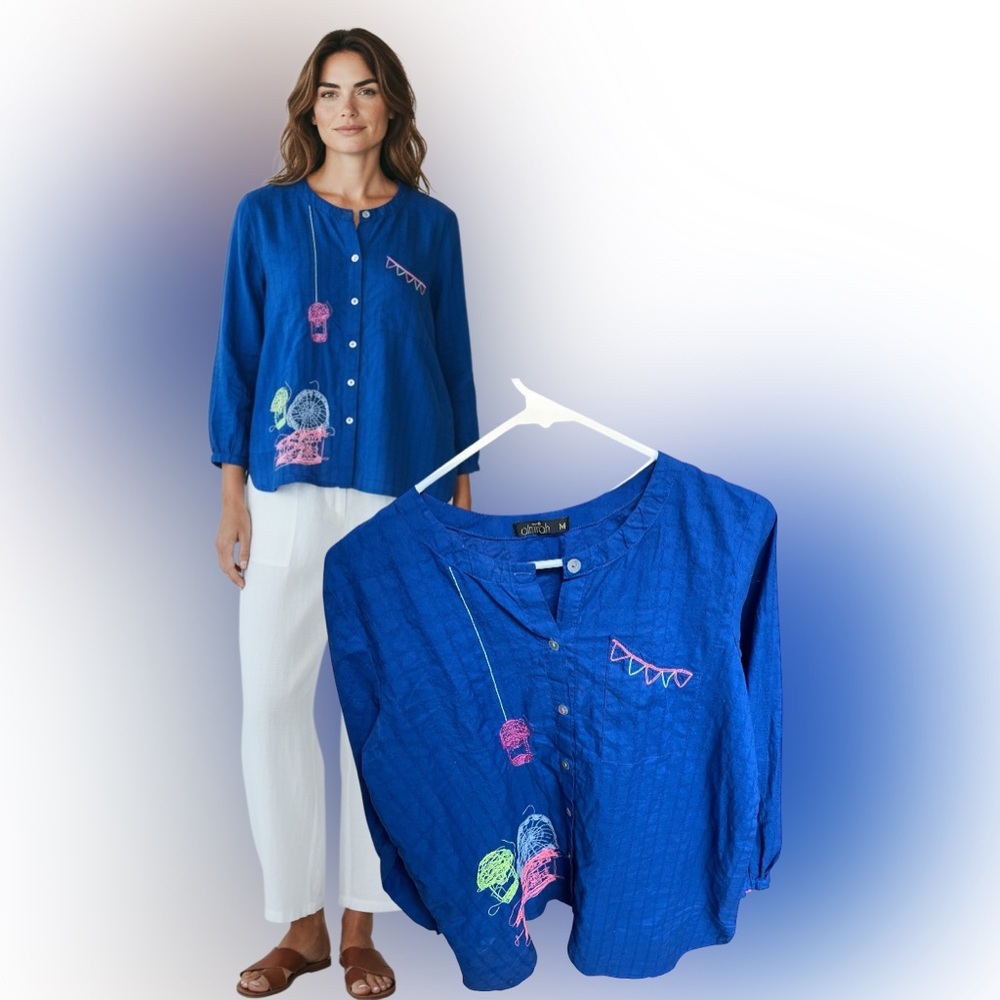 Almirah Blue Cotton Carnival Embroidered Tunic Top M Boho Art to Wear Shirt